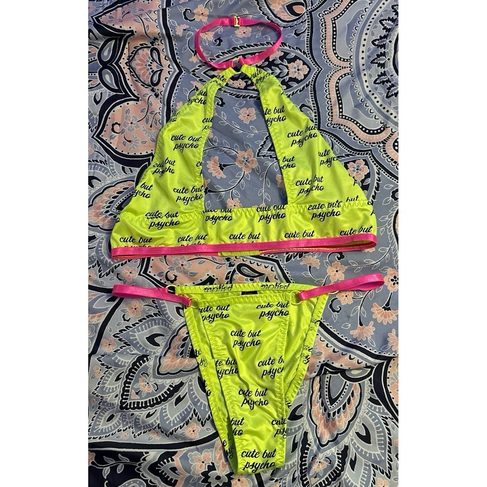 Vibes Neon Green/Hot Pink Cute But Psycho Halter Choker Bikini 2pc Swimsuit, M/L